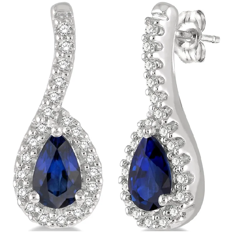 Ladies heart-shaped earrings -10K White Gold Pear Shaped Sapphire and Diamond Earrings