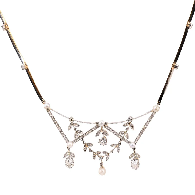 necklaces bold statement piece -Antique 3 carat total weight diamond pearl 18k yellow gold hinged necklace