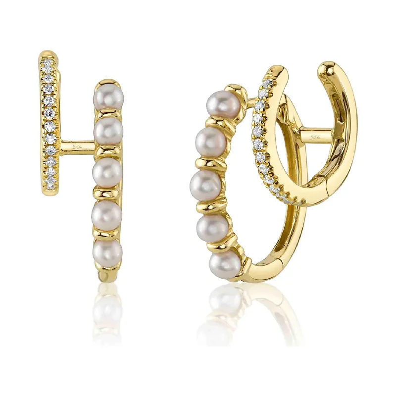 Ladies minimalist silver earrings -14K Yellow Gold Double Diamond & Pearl Huggies