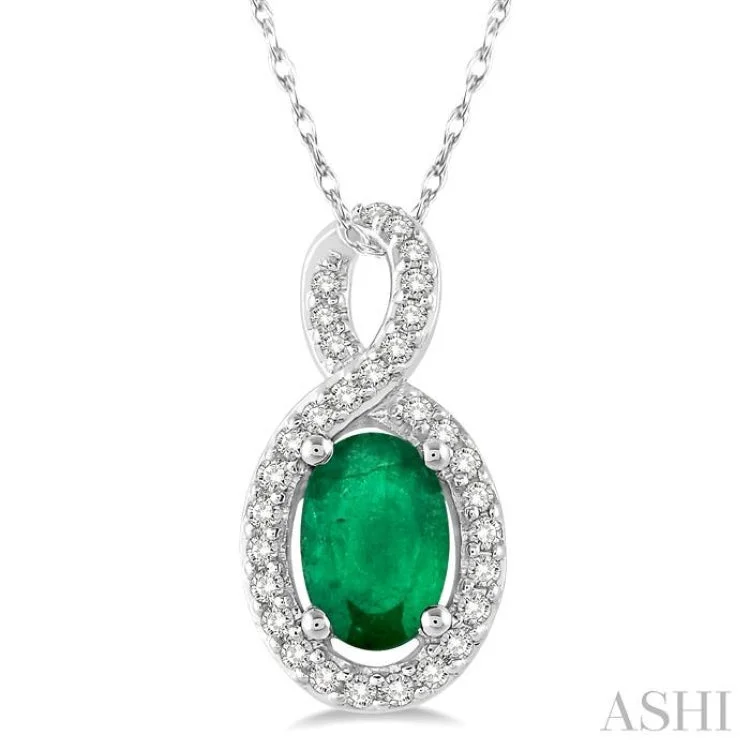 necklaces for fashion lovers -6x4 MM Oval Cut Emerald and 1/10 Ctw Round Cut Diamond Pendant in 10K White Gold with Chain