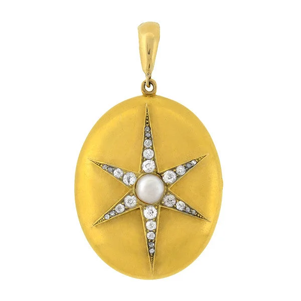 necklaces hypoallergenic metal -Victorian 15kt Pearl & Diamond Starburst Locket