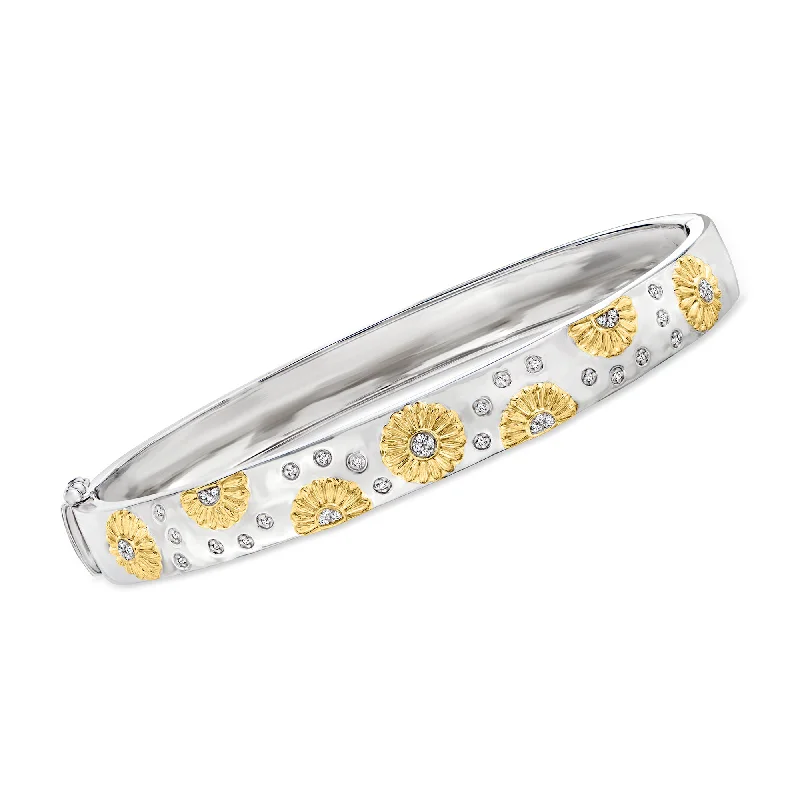 Vintage style ladies bracelets -Ross-Simons Diamond-Accented Sunflower Bangle Bracelet in 2-Tone Sterling Silver