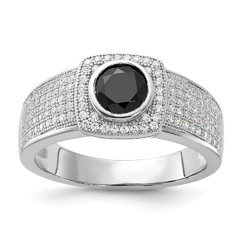 ladies rings for vintage charm -Sterling Silver Brilliant Embers Polished Cz & Black Spinel Men'S Ring