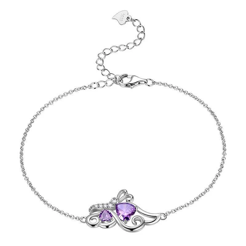 Elegant silver bracelets for women -Butterfly Birthstone February Amethyst Bracelet Women Girls Jewelry Birthday Gift 925 Sterling Silver