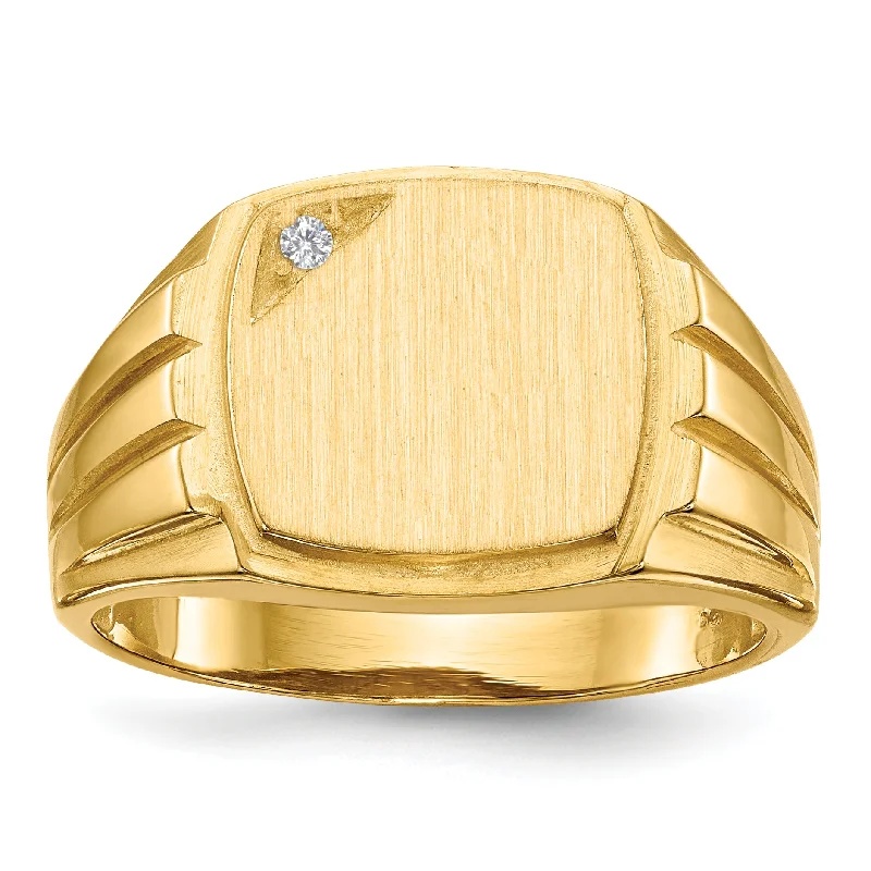 ladies rings dainty subtle charm -14K Yellow Gold 11.5X12.0mm Grooved Sides Open Back Aa Diamond Men'S Signet Ring