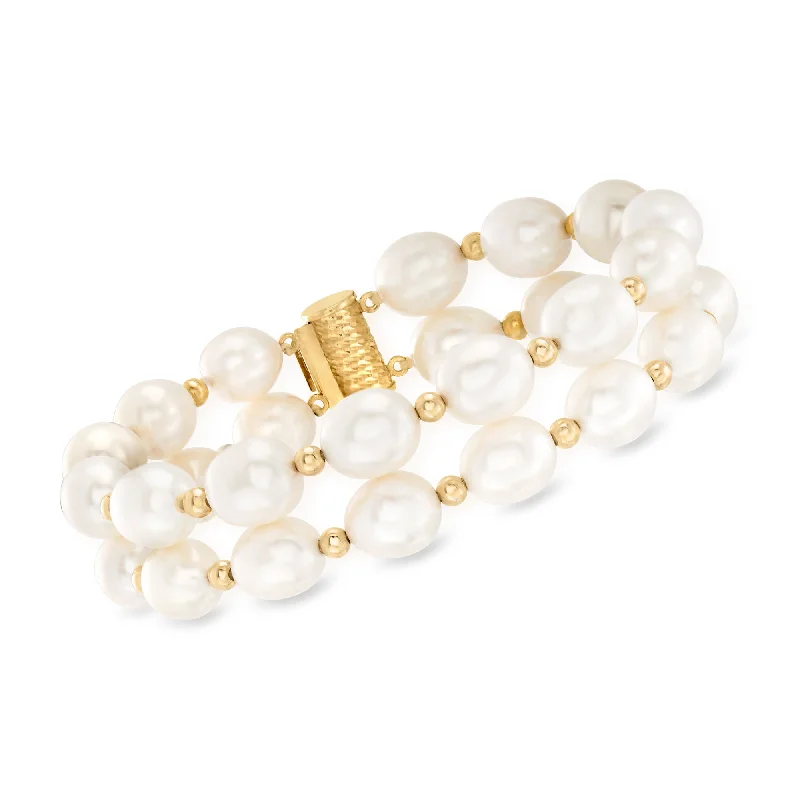 Ladies asymmetrical bracelets -Ross-Simons 8-9mm Cultured Pearl 2-Row Bracelet in 14kt Yellow Gold