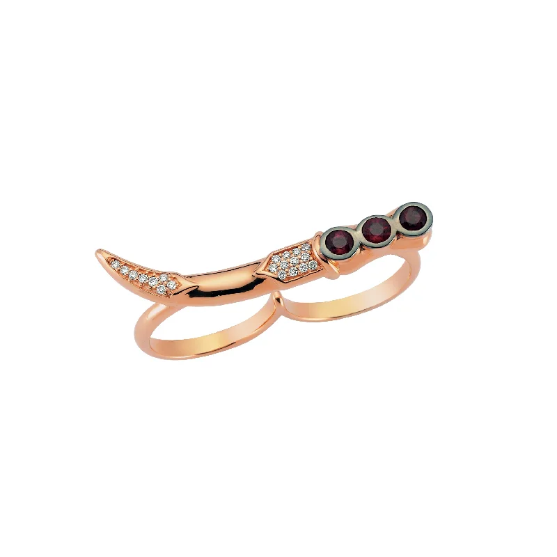 ladies rings with yellow citrine -SWORD 3 RUBY STONE DOUBLE DIAMOND RING