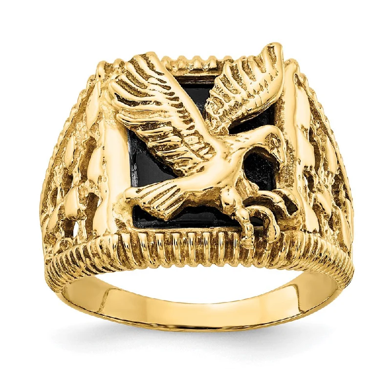 ladies rings for casual wear -14K Yellow Gold Men's Onyx Eagle Ring