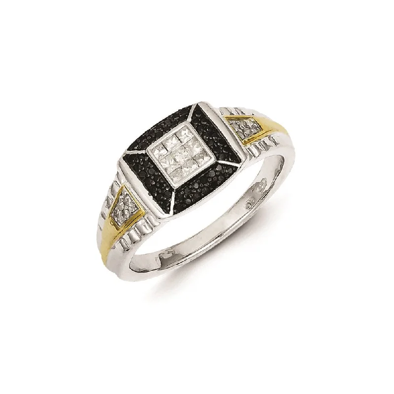 ladies rings sleek modern style -Sterling Silver and Gold Plated Black & White Diamond Men's Ring