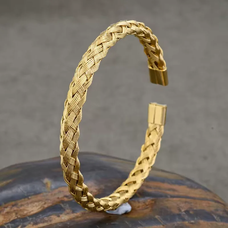 Ladies gold charm bracelets -Golden Weave Open Cuff Bracelet For Men