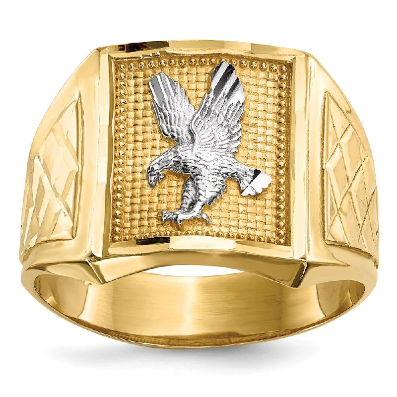 ladies rings boho inspired design -Solid Masculine 14K Yellow Gold w/Rhodium Diamond-cut Eagle Men's Ring