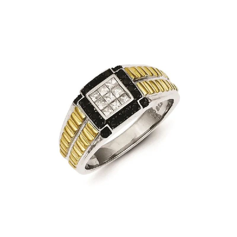 ladies rings with green peridot -Sterling Silver and Gold Plated Black & White Diamond Men's Ring