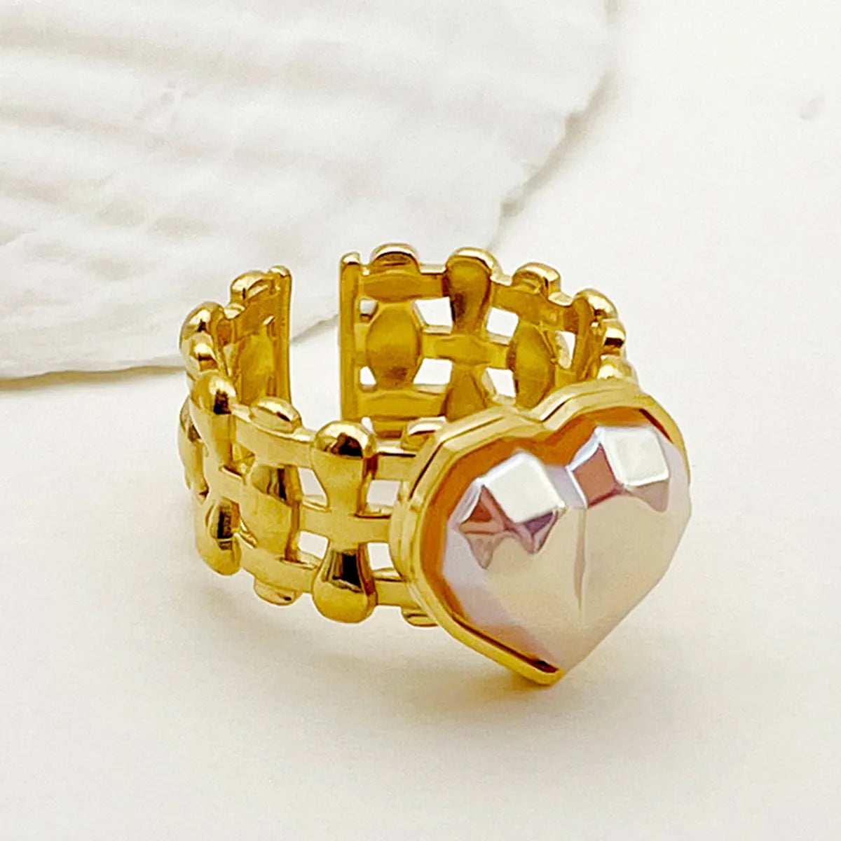 ladies rings layered stackable look -304 Stainless Steel Gold Plated Casual Elegant Vintage Style Plating Inlay Heart Shape Shell Open Rings