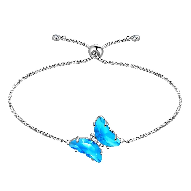 Ladies vintage crystal bracelets -Blue Butterfly Bracelet March Aquamarine Birthstone Women Girls Jewelry Birthday Gift