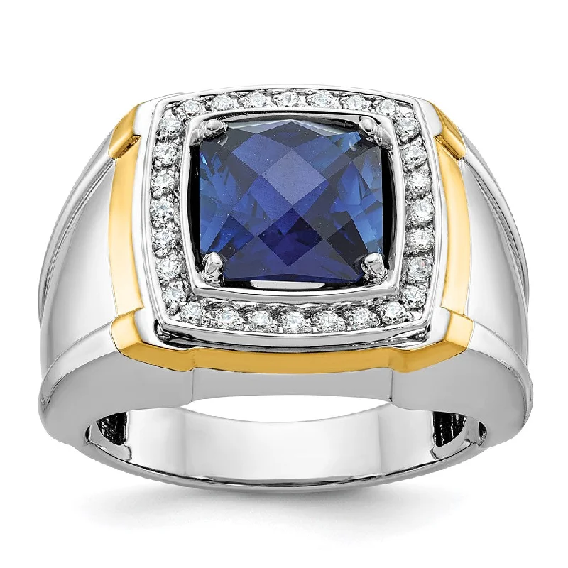 ladies rings for birthday surprise -14k Two-tone Gold Men's Created Sapphire and 1/3 carat Diamond Complete Ring