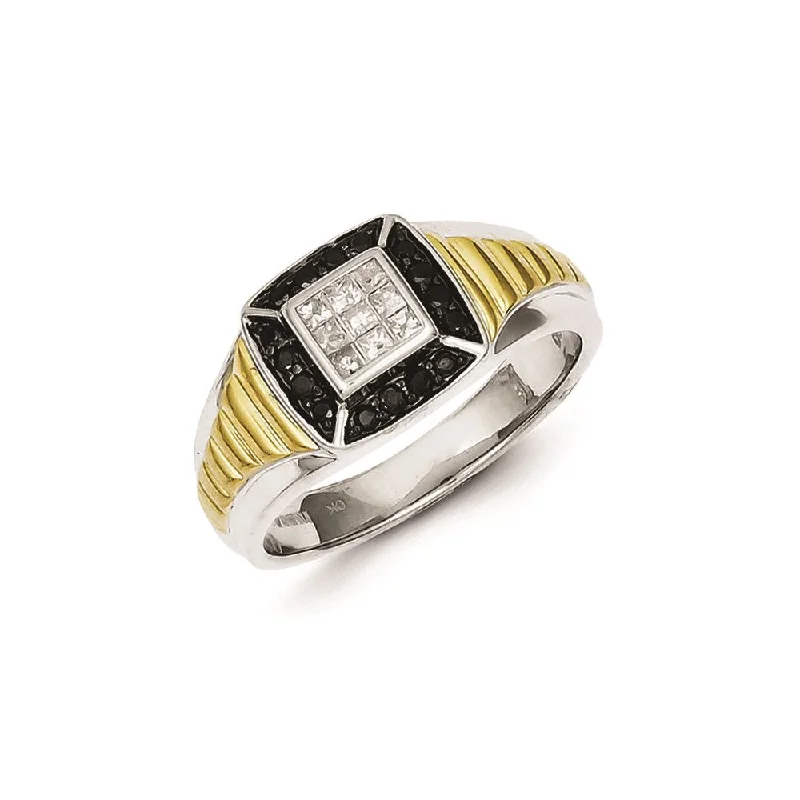 ladies rings for stylish women -Sterling Silver and Gold Plated Black & White Diamond Men's Ring