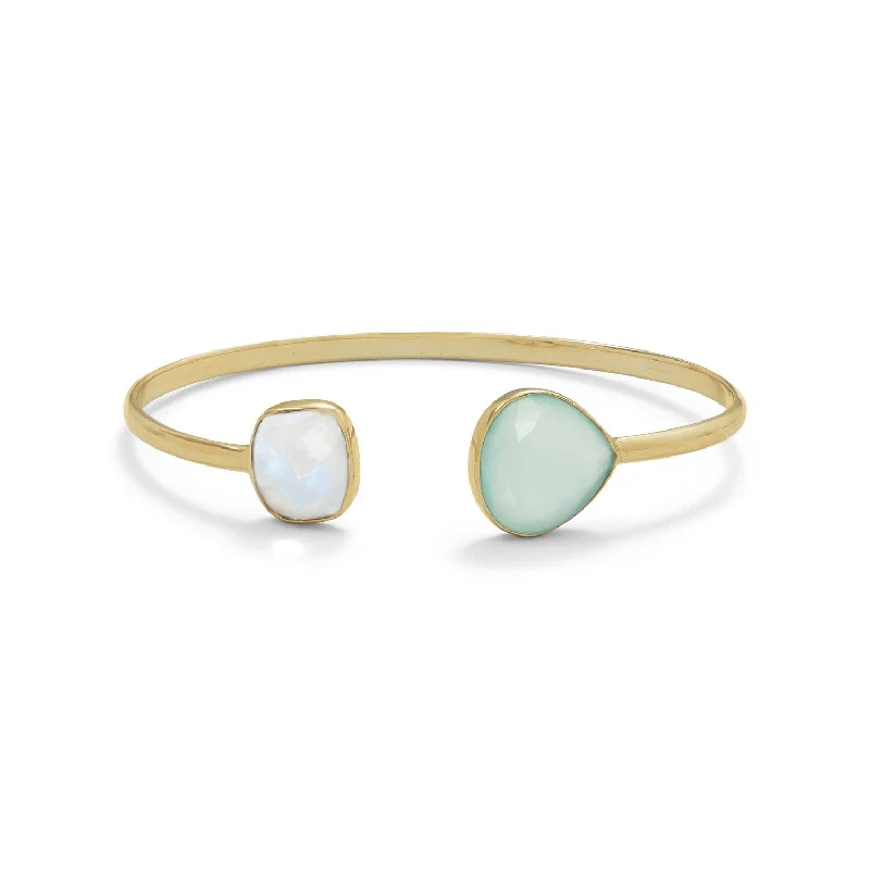 Minimalist bangle bracelets for ladies -18k Gold Moonstone & Chalcedony Open Cuff Bangle