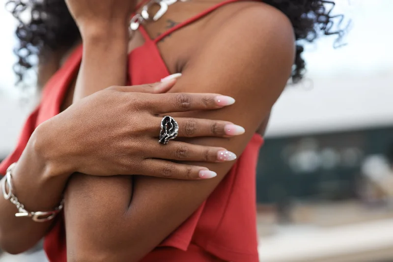 ladies rings for evening wear -Oxidized Silver Sponge Coral Ring