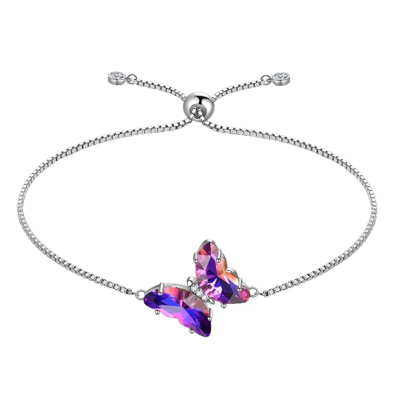 Elegant silver cuff bracelets for ladies -925 Sterling Silver Butterfly Bracelet Birthstone Crystal Women Jewelry Gifts