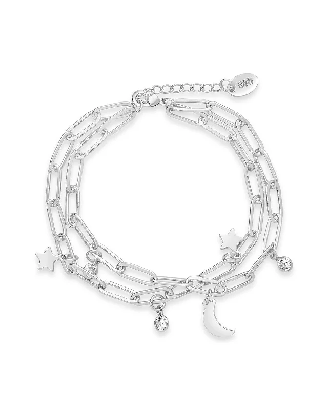 Ladies rose quartz bracelets -CZ, Moon, & Star Double Chain Bracelet