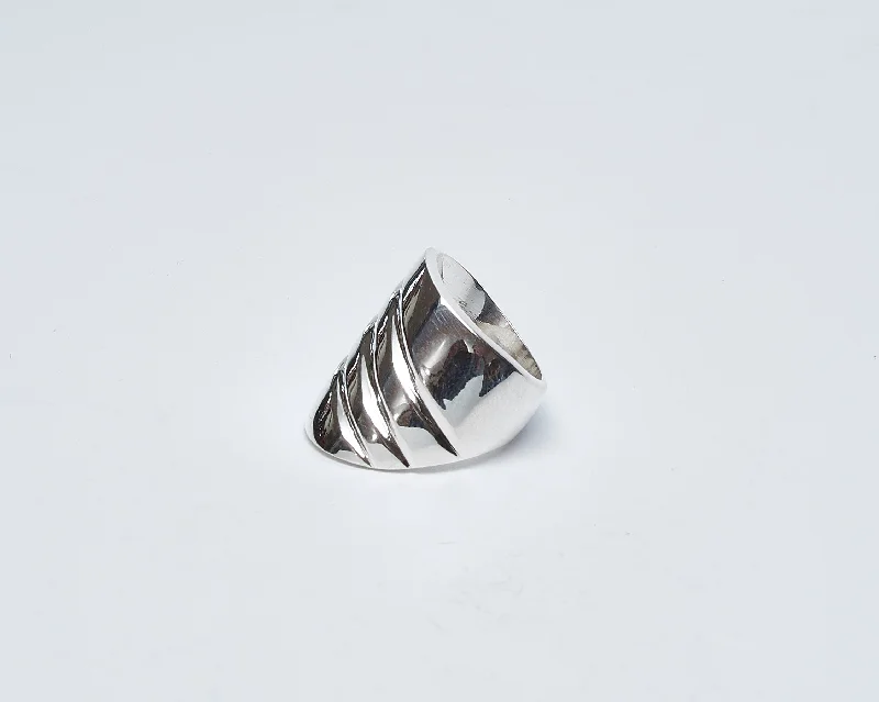 ladies rings for wedding vow -Curved Wide Silver Ring with Ridges