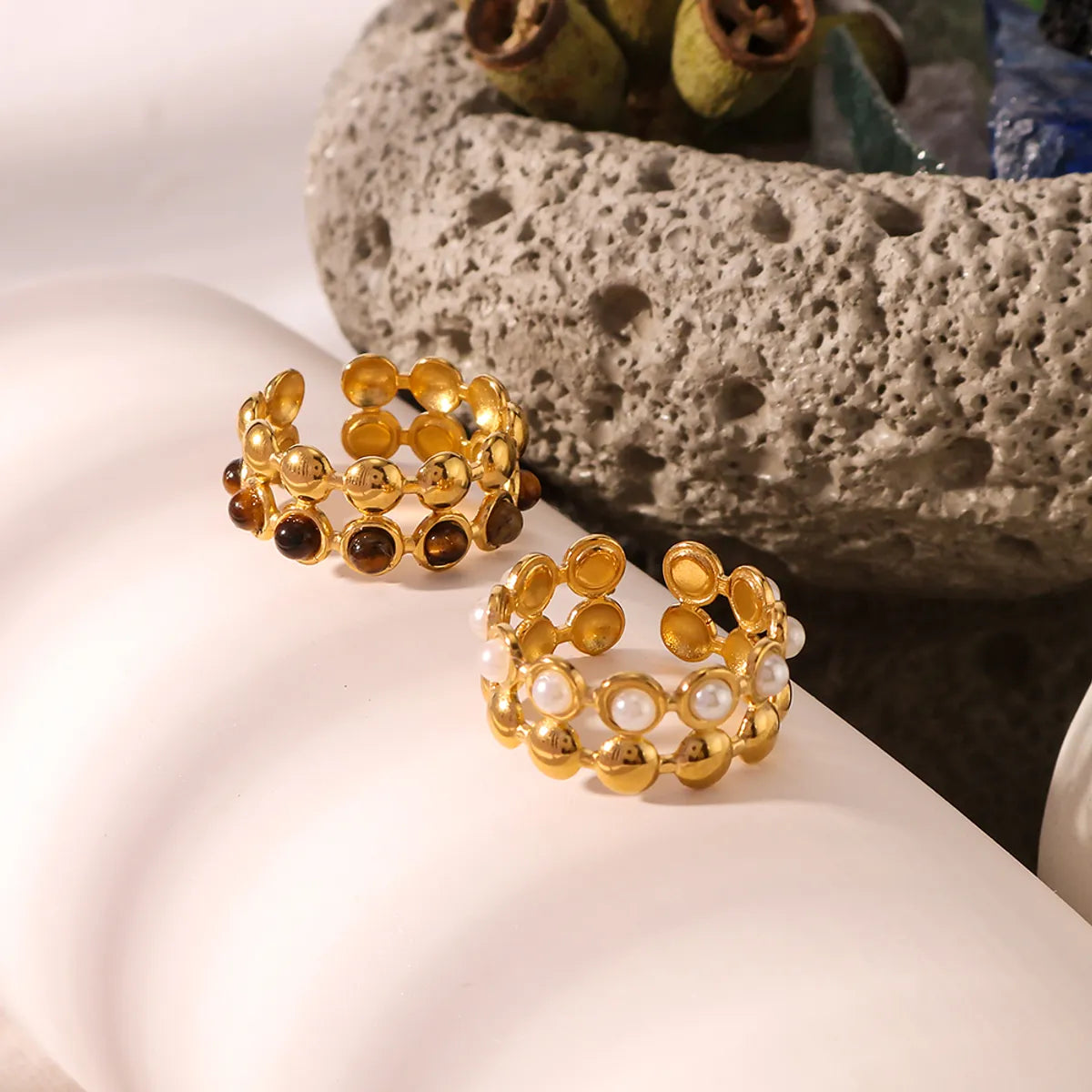 ladies rings with yellow citrine -Wholesale Jewelry Vintage Style Geometric Solid Color 304 Stainless Steel Natural Stone 18K Gold Plated Inlay Open Rings