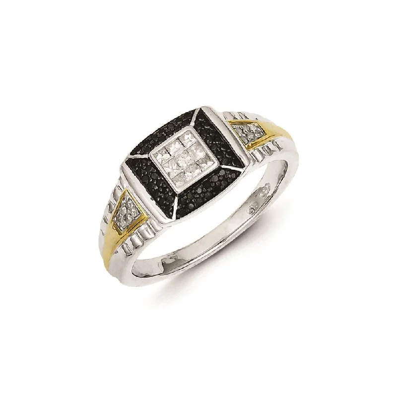 ladies rings with blue sapphire -Sterling Silver and Gold Plated Black & White Diamond Men's Ring