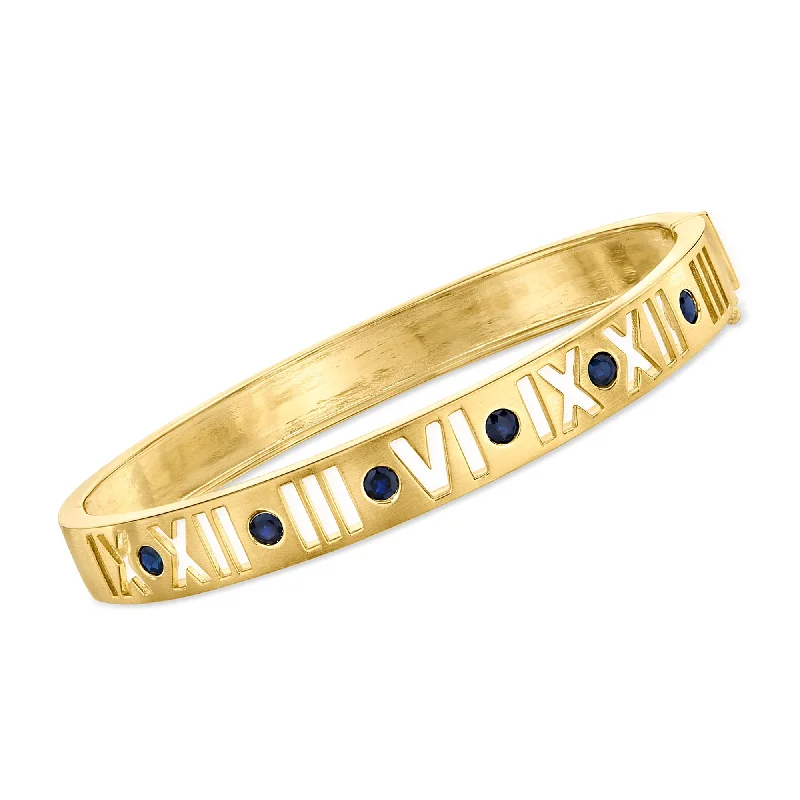 Ladies gold charm bracelets -Ross-Simons Sapphire Roman Numeral Bangle Bracelet in 18kt Gold Over Sterling