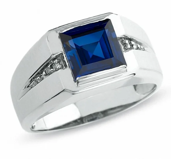 ladies rings with topaz blue -Men's Lab-Created Blue Sapphire Ring in 14K White Gold w/ REAL Diamonds