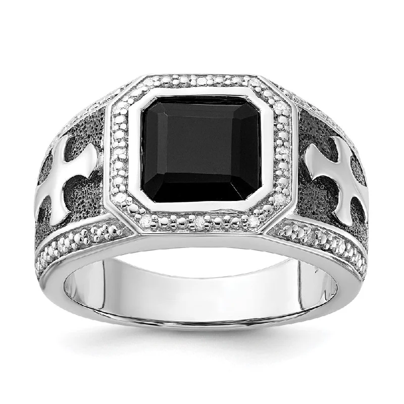 ladies rings with topaz blue -White Night Sterling Silver Black Rhodium-plated Diamond and Onyx Cross Men's Ring