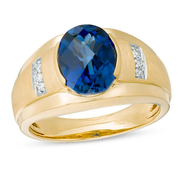 ladies rings trendy 2025 style -Men's Oval Lab-Created Blue Sapphire & Diamond Collar Ring 10K Gold