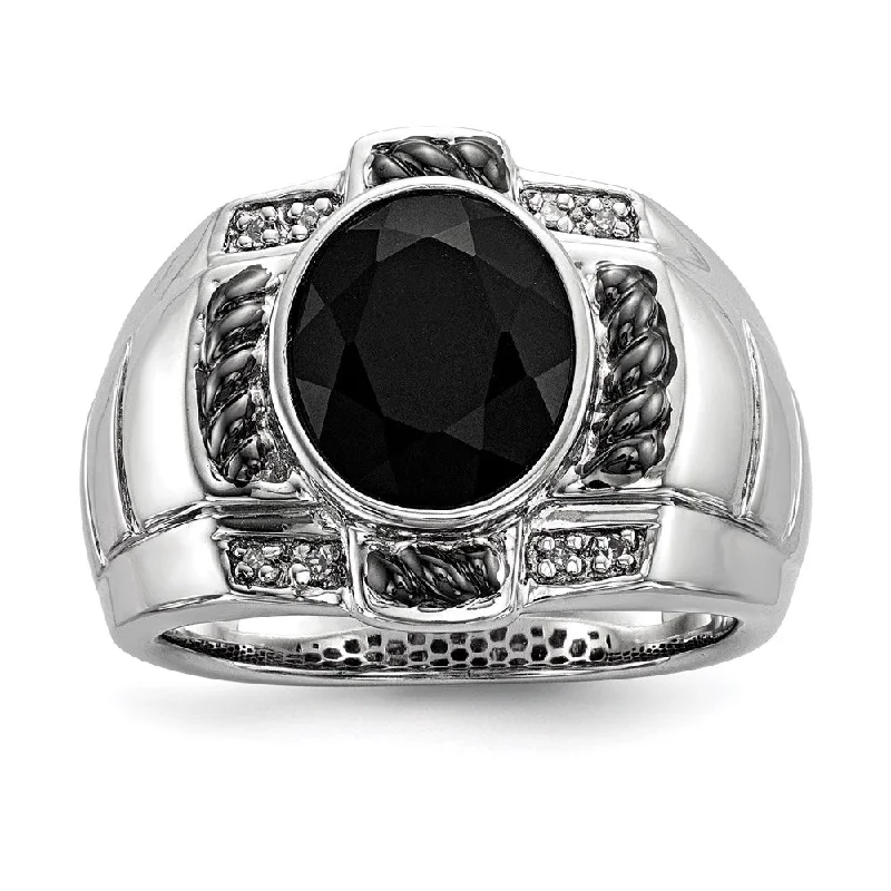 ladies rings lightweight comfort -White Night Sterling Silver Black Rhodium-plated Diamond and Onyx Oval Men's Ring