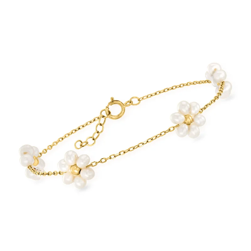 Elegant layered bracelets for women -Ross-Simons 3-3.5mm Cultured Pearl Flower Bracelet in 14kt Yellow Gold