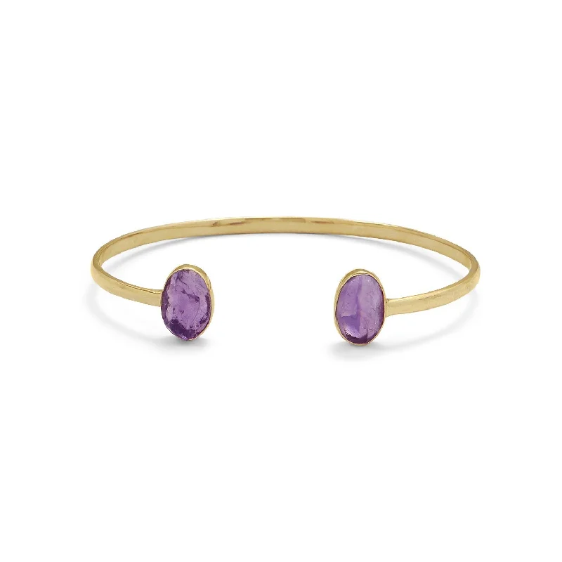 Trendy wrap bracelets for ladies -18k Gold Amethyst Oval Open Cuff Bangle