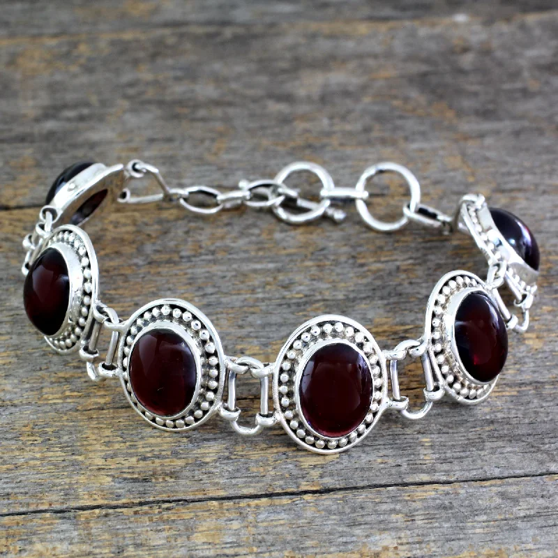 Ladies gold charm bracelets -Crimson Garland Garnet Bracelet Artisan Crafted Silver Jewelry from India