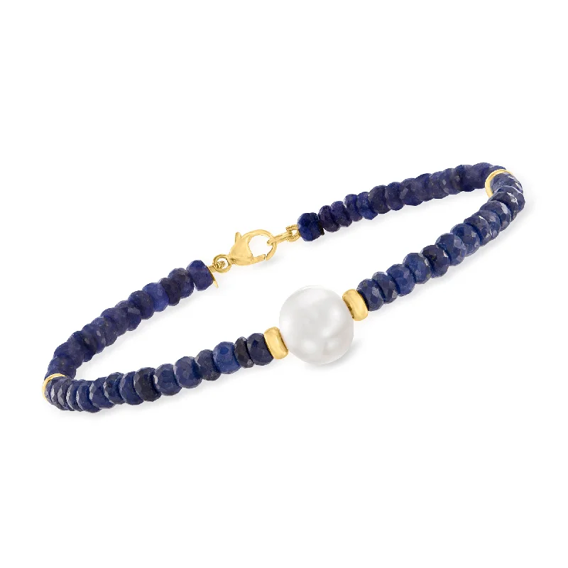 Statement silver bracelets for women -Ross-Simons Cultured Pearl and Beaded Sapphire Bracelet in 14kt Yellow Gold