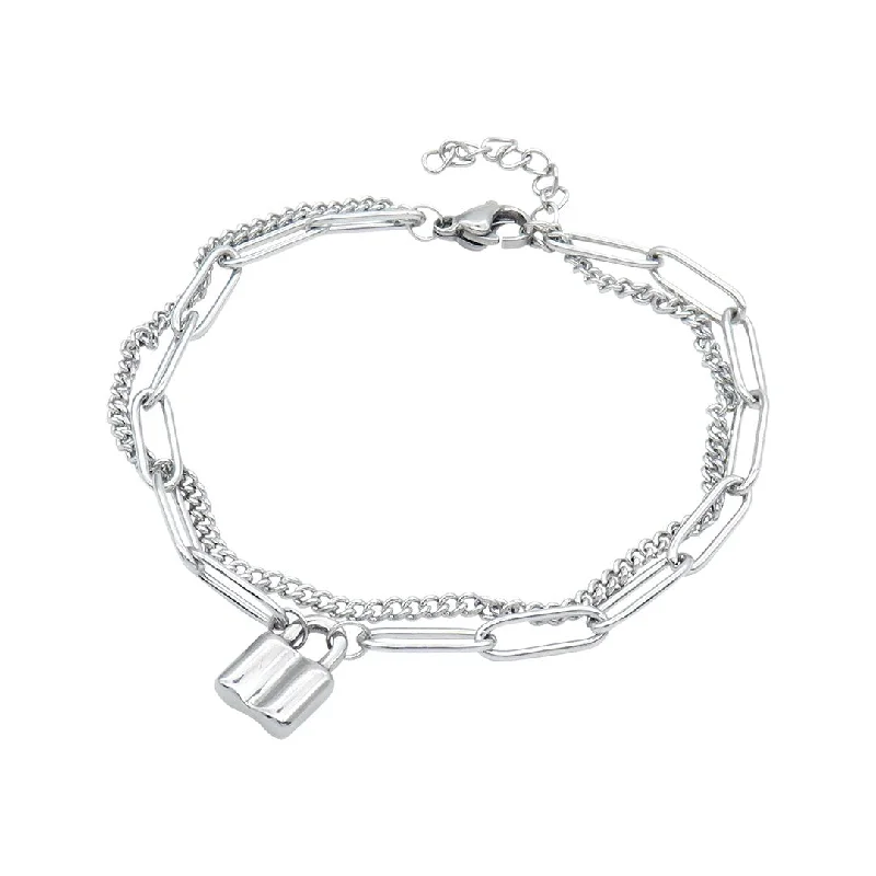 Ladies art deco bracelets -Adornia Padlock Mixed Chain Bracelet silver