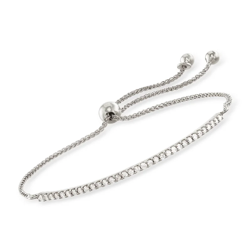 Ladies gold charm bracelets -Ross-Simons Diamond Curved Bar Bolo Bracelet in Sterling Silver