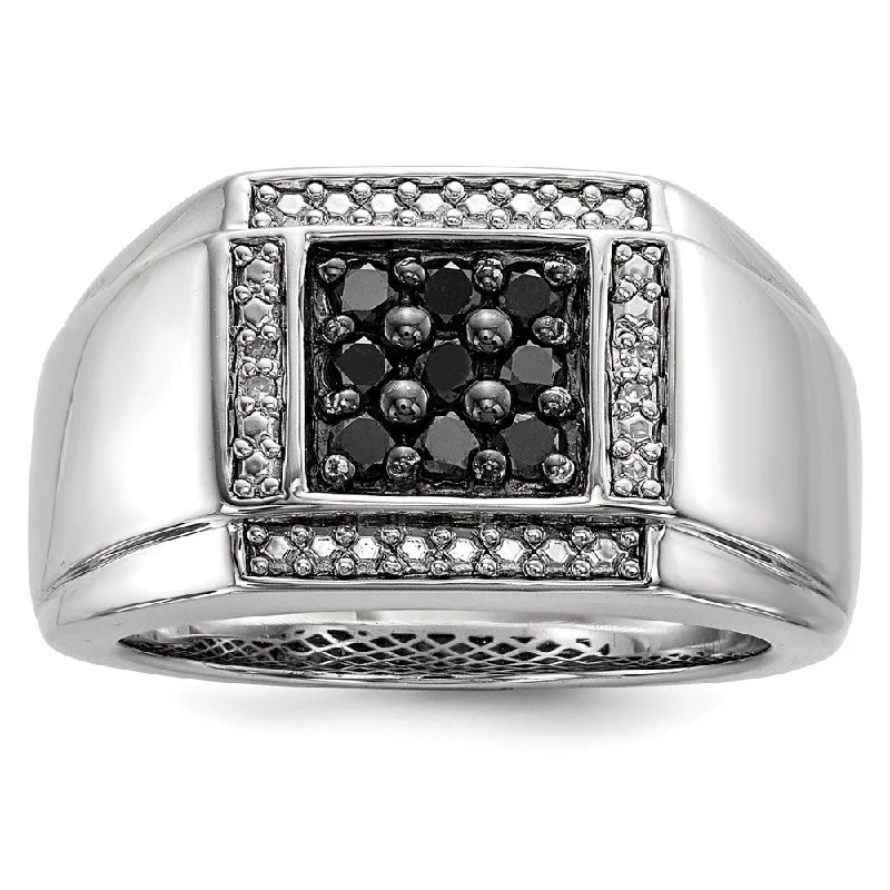 ladies rings with aquamarine gem -Sterling Silver White & Black Diamond Square Men's Ring