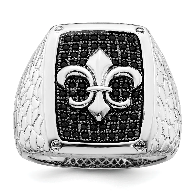 ladies rings small size fit -Sterling Silver Brilliant Embers Rhodium-Plated 62 Stone Black Micro Pav Cz Fleur De Lis Men'S Ring