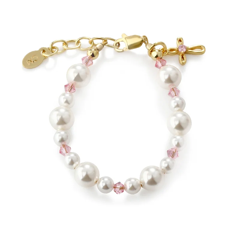 Ladies ruby bracelets -14K Gold-Plated Pearl Pink Cross Bracelet for Baptism or First Communion