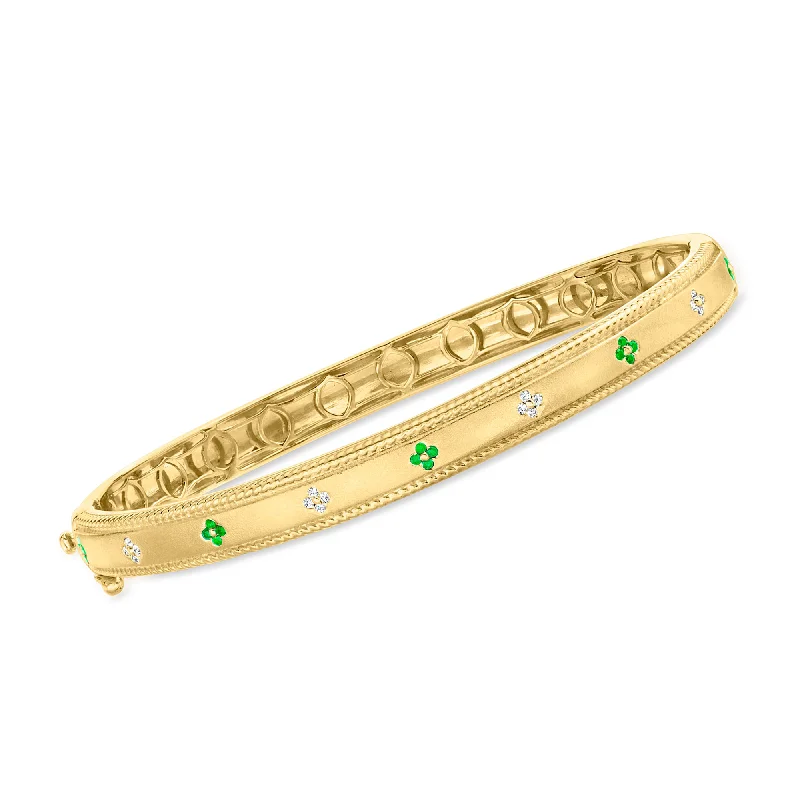 Elegant pearl bracelets for women -Ross-Simons Emerald Flower Bangle Bracelet With Diamond Accents in 18kt Gold Over Sterling