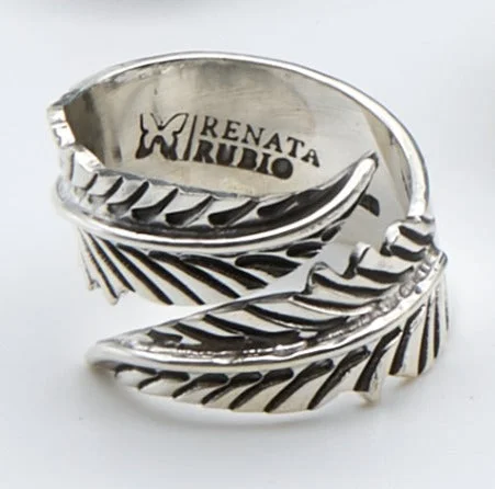 ladies rings adjustable fit size -Double Feather Silver Ring