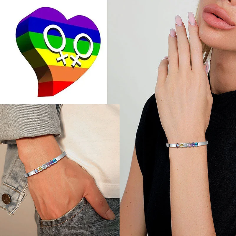 Ladies moonstone bracelets -LGBT Rainbow Bangles Bracelet Cuff Pride Jewelry for Men Women Stainless Steel