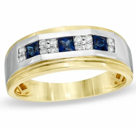 ladies rings geometric unique shape -Men's Square-Cut Lab-Created Blue Sapphire and 1/5 CT. T.W. Diamond Ring