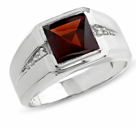 ladies rings platinum sleek shine -Men's Square Garnet Ring in 14K White Gold with Diamond Accents