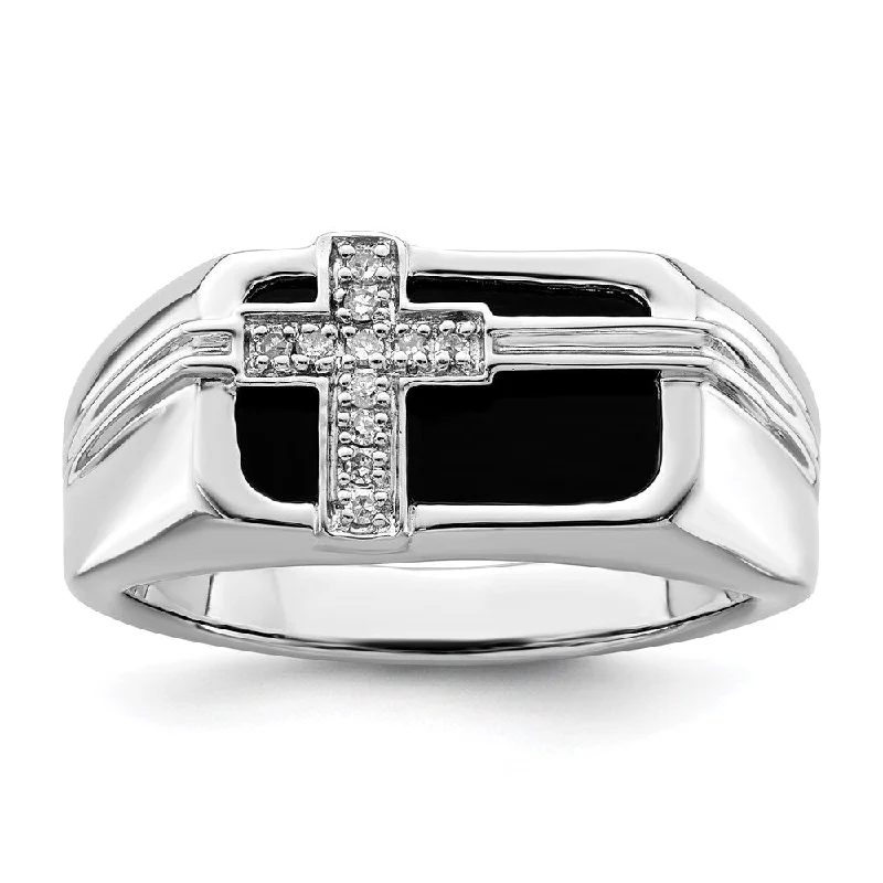 ladies rings geometric unique shape -White Night Sterling Silver Rhodium-plated Diamond and Black Onyx Cross Men's Ring