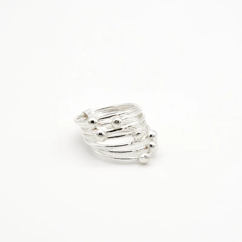 ladies rings stylish affordable -Seven Beaded Silver Ring