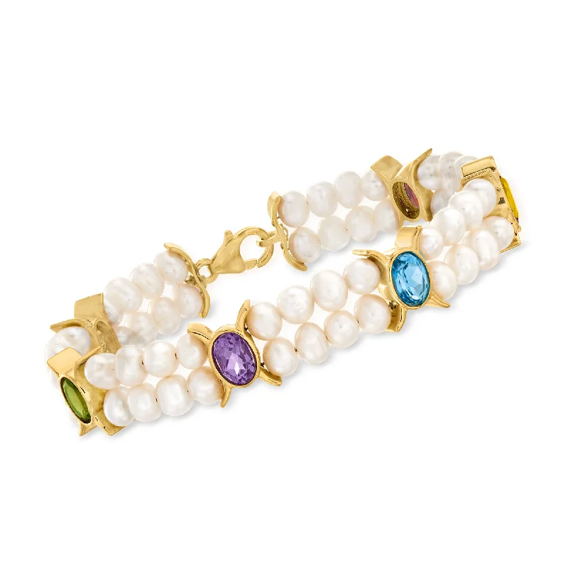 Bold statement bracelets for ladies -Ross-Simons 4.5-5.5mm Cultured Pearl and Multi-Gemstone Bracelet in 18kt Gold Over Sterling