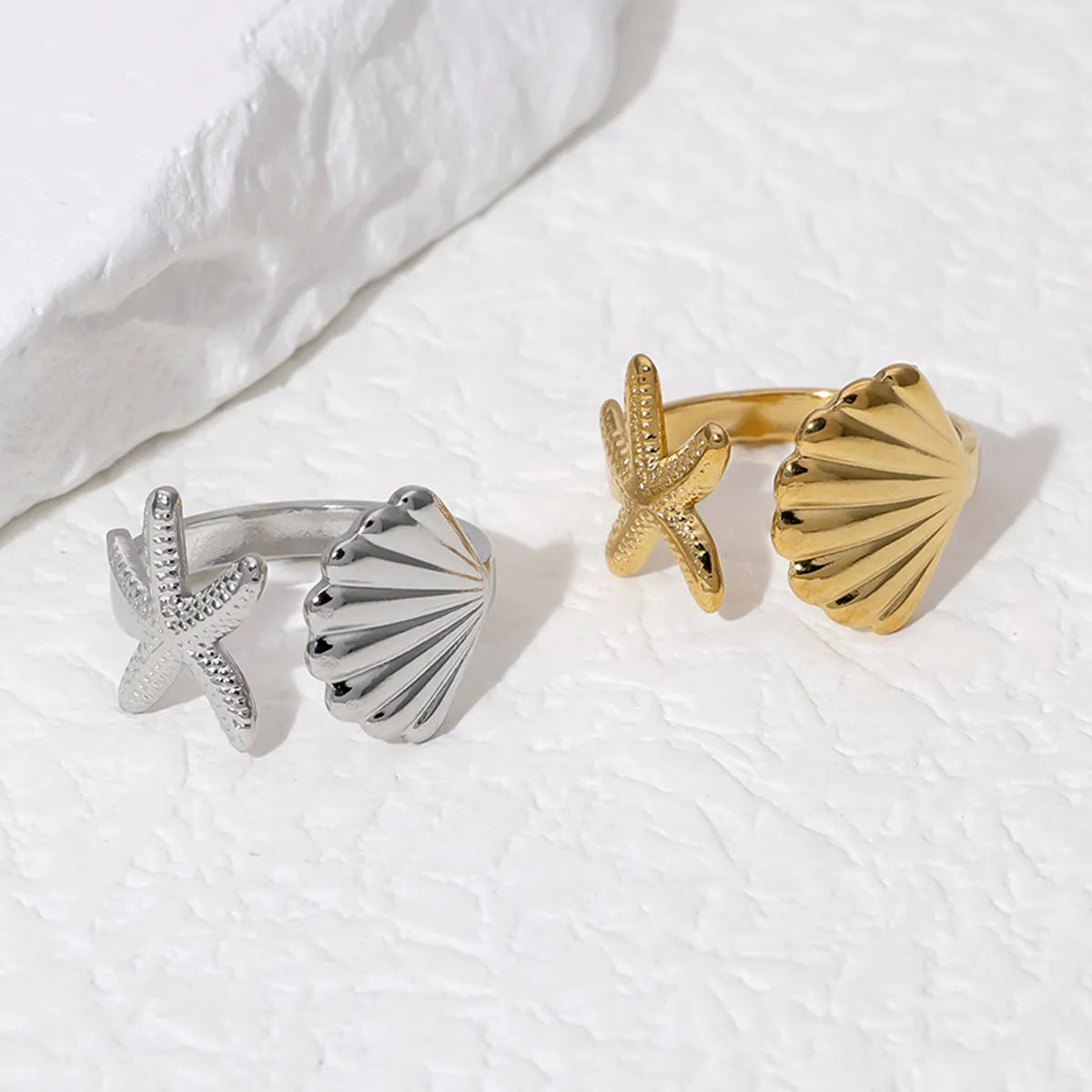 ladies rings dainty subtle charm -Wholesale Jewelry Vacation Beach Simple Style Starfish Shell 304 Stainless Steel 18K Gold Plated Open Rings